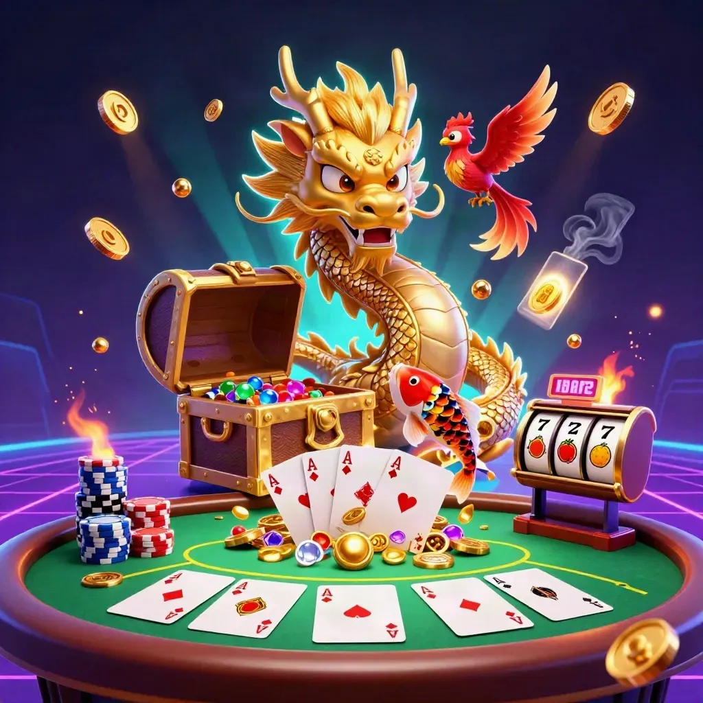 Golden dragon, baby phoenix, and koi burst from treasure in a neon casino scene.
