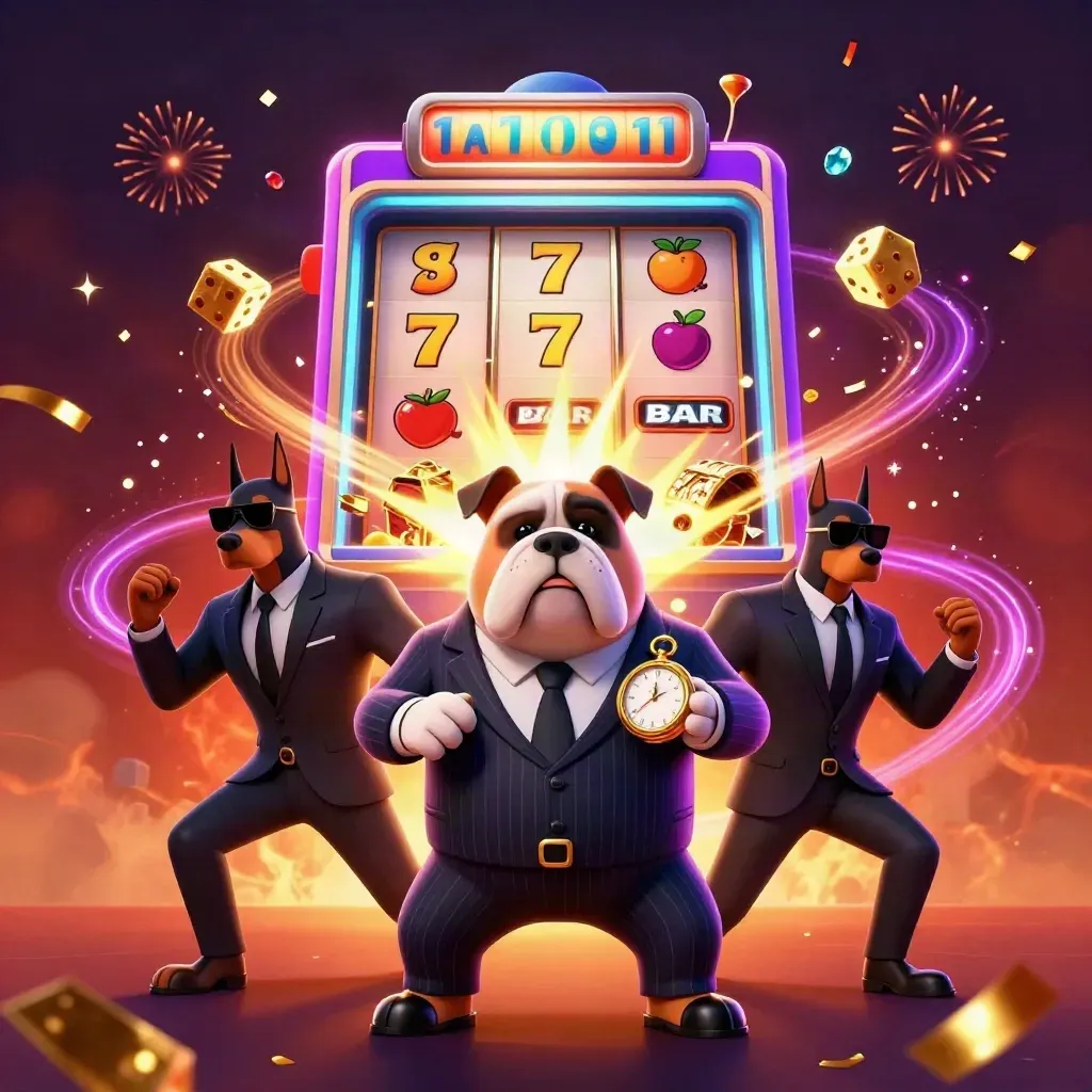 Bulldog mafia boss and two Dobermans amid exploding slot reels, gold, gems, and fiery casino glow.