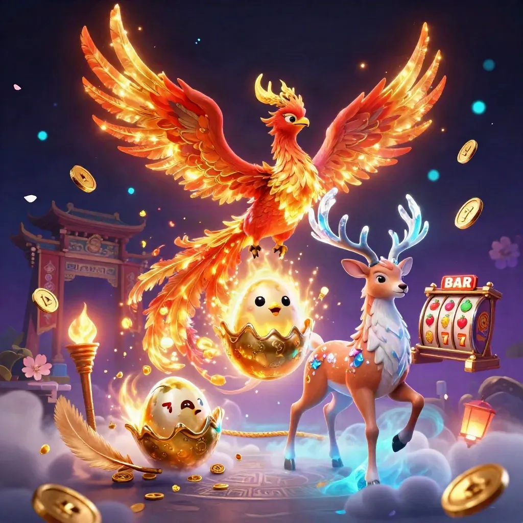 Fire phoenix, hatchling, and crystal-antlered stag erupt amid temple gold and cyan glow.