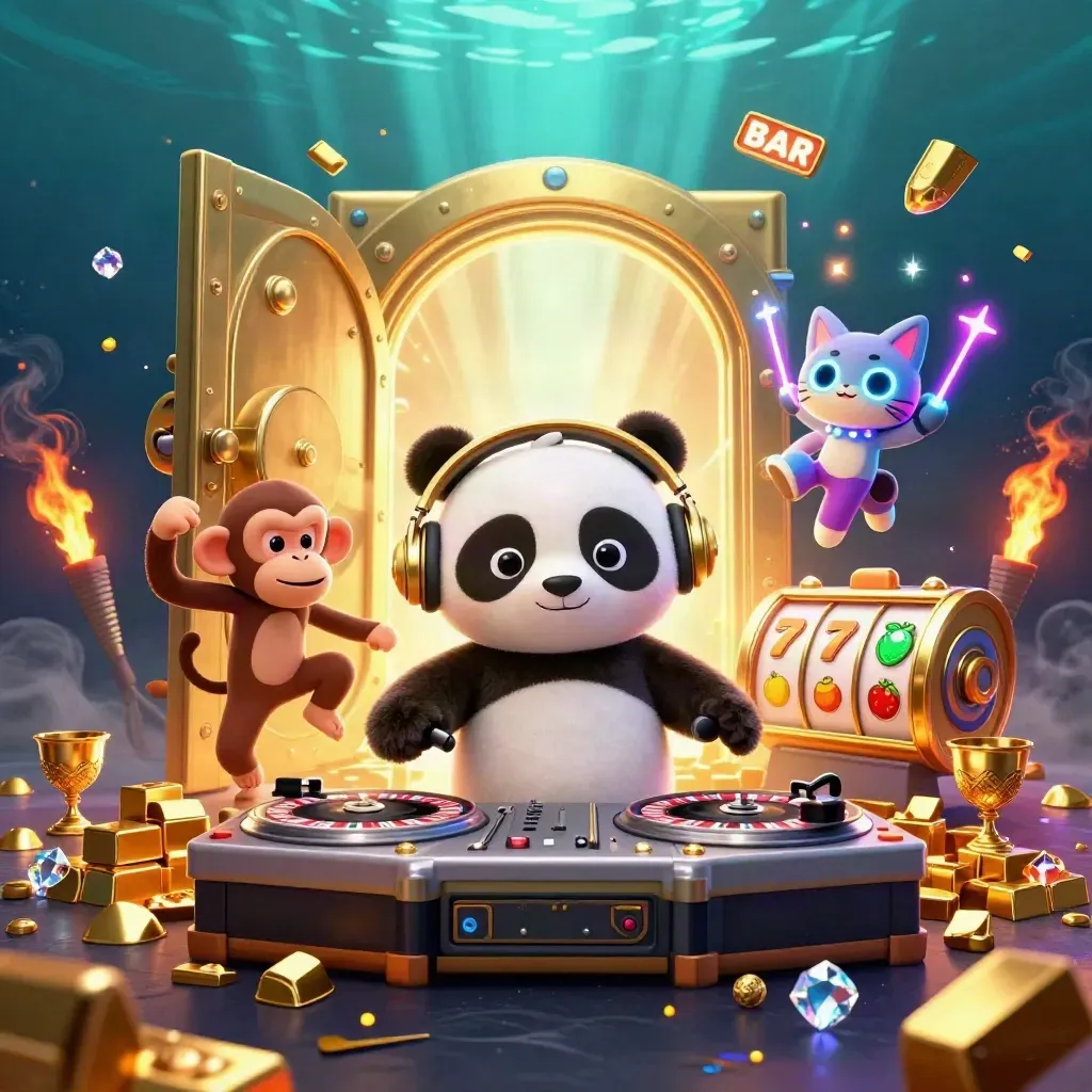 DJ panda, monkey, and glow kitten burst from a treasure vault in neon cyan casino key art.