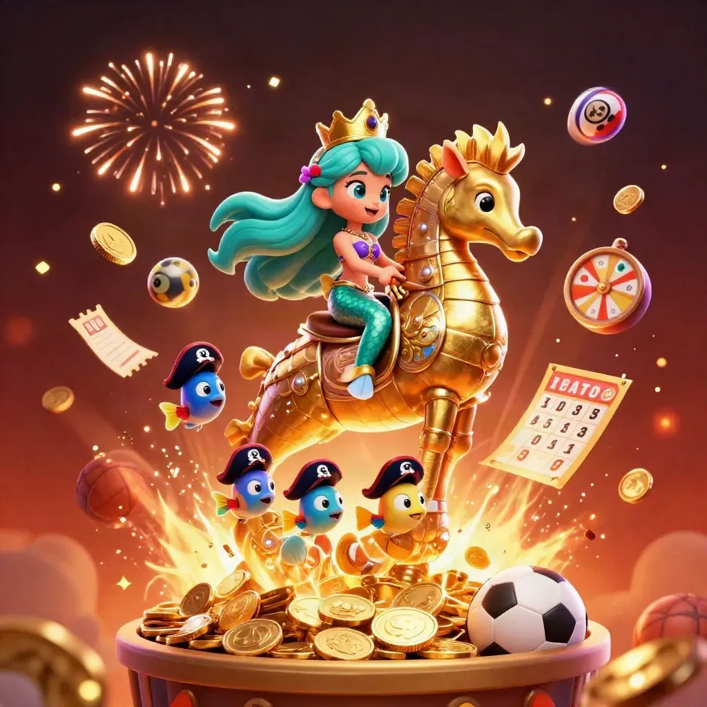 Mermaid princess on armored seahorse amid coins, fireworks, lottery balls, prize wheel, and sports betting icons.