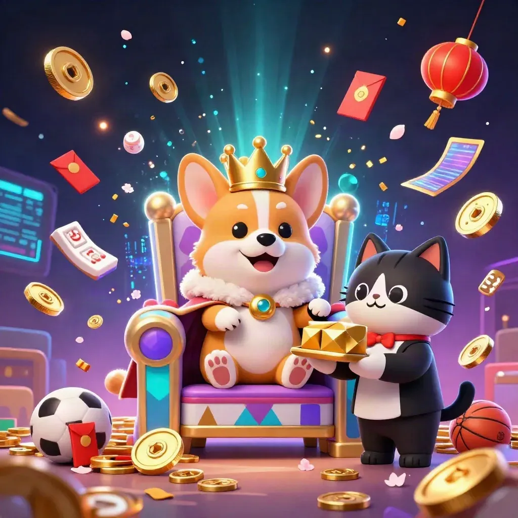 Royal corgi and cat butler amid coins, lanterns, fireworks, and casino game symbols