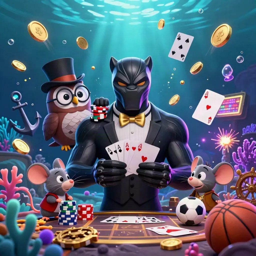 Black panther, owl, and mouse amid coin showers in a glowing underwater treasure cove.