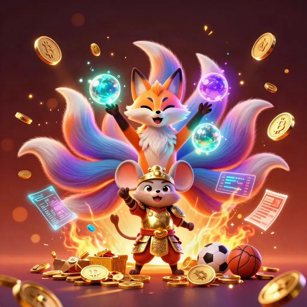 Neon fox spirit and armored mouse amid gold coins, crypto coins, fireworks, and glowing casino energy.