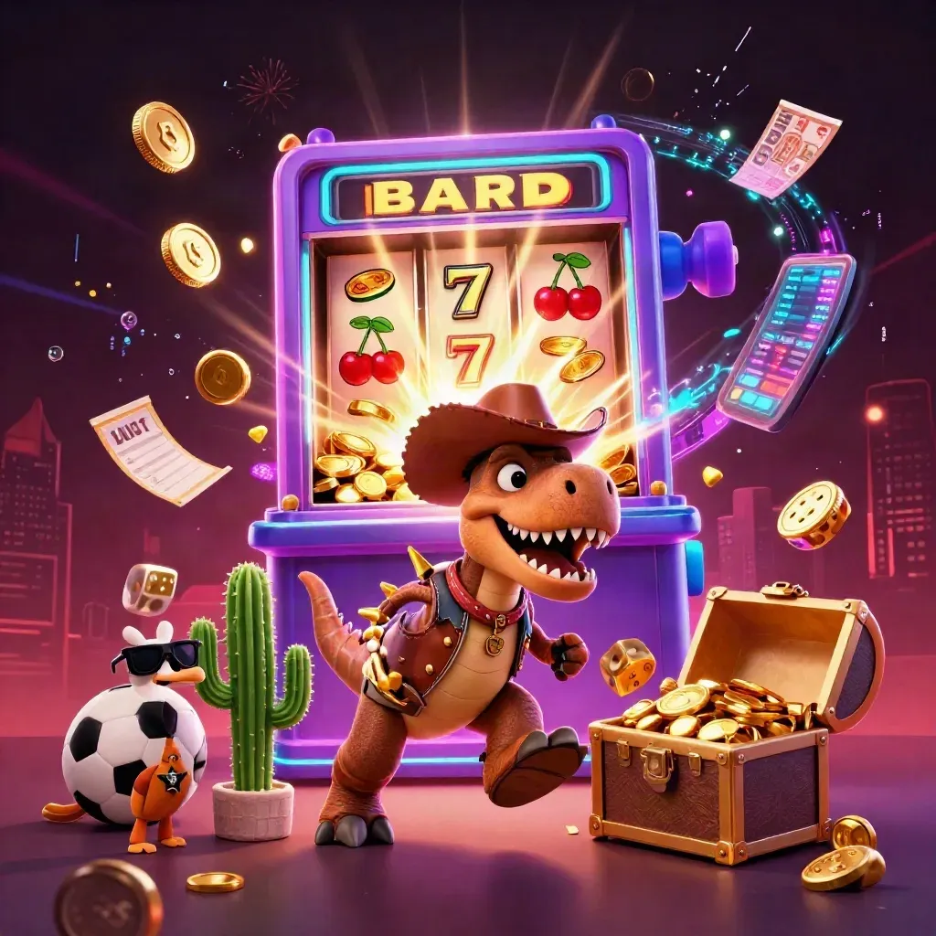 Cowboy T-Rex, cactus, and roadrunner burst amid coins, slot symbols, neon sparks, and treasure