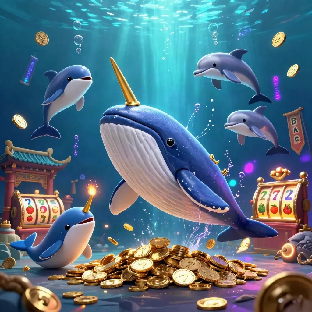 Cartoon whale captain, narwhal and dolphins amid coins, temple gate, reels and neon casino glow.