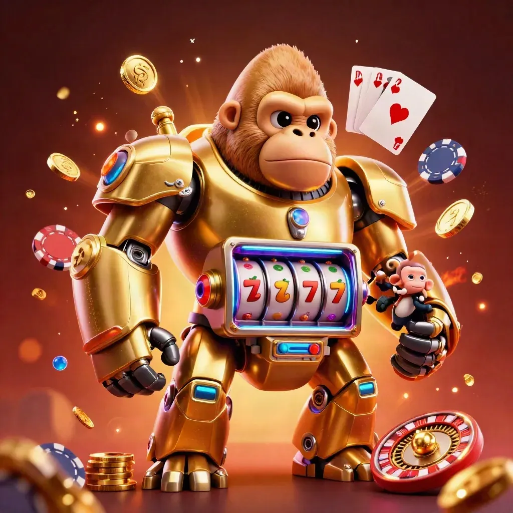 Golden gorilla slot-mech with monkey pilot, coins, chips, roulette wheel, and glowing embers.