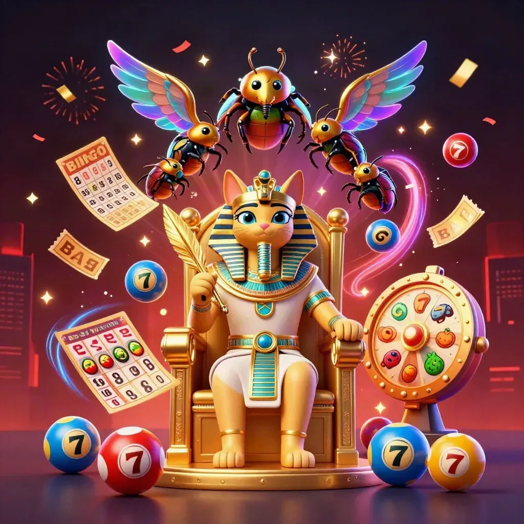Pharaoh cat on throne with ibis scribe, scarabs, casino symbols and glowing jackpot effects