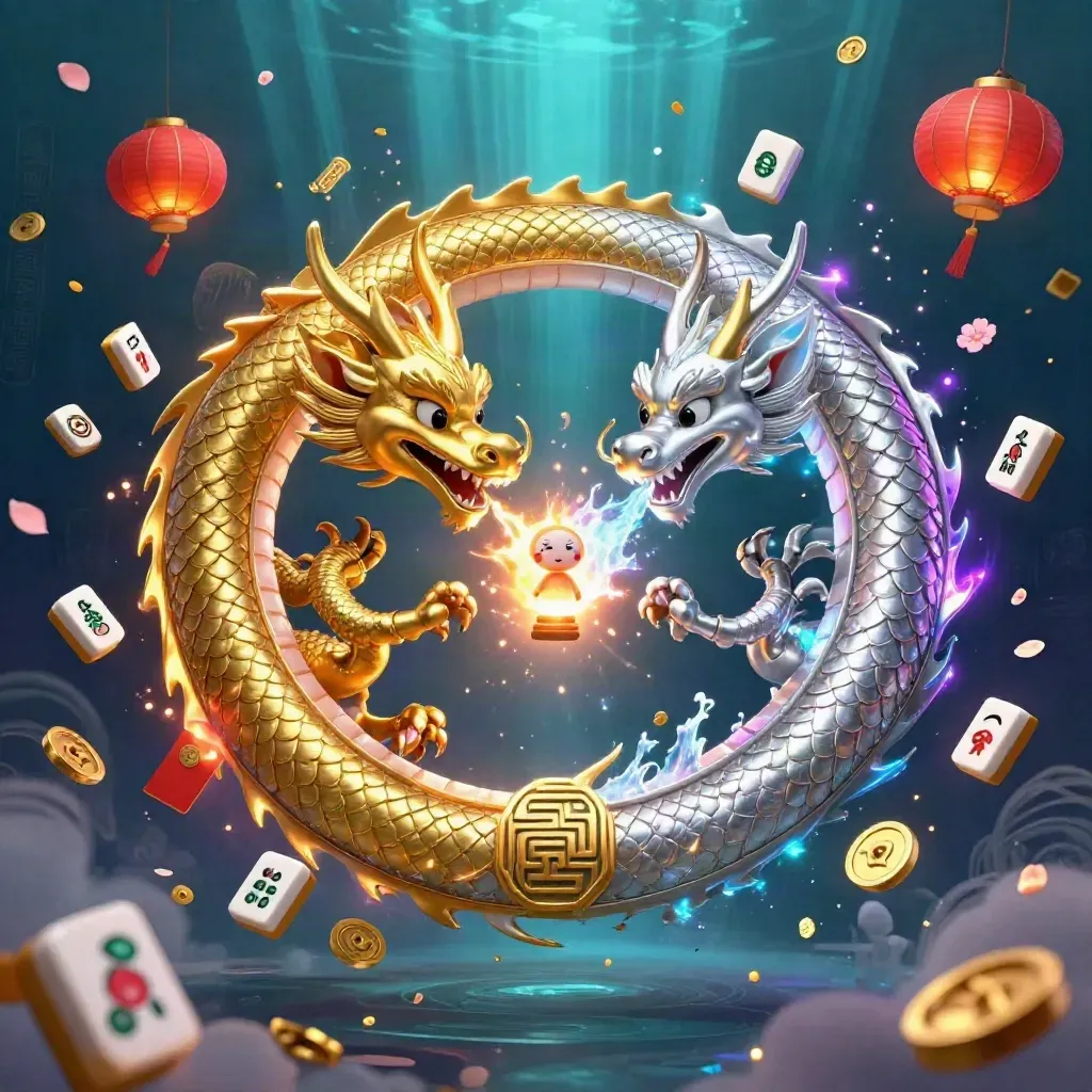 Twin gold and silver dragons spiral with fire and ice amid lanterns, coins, tiles and glowing casino effects