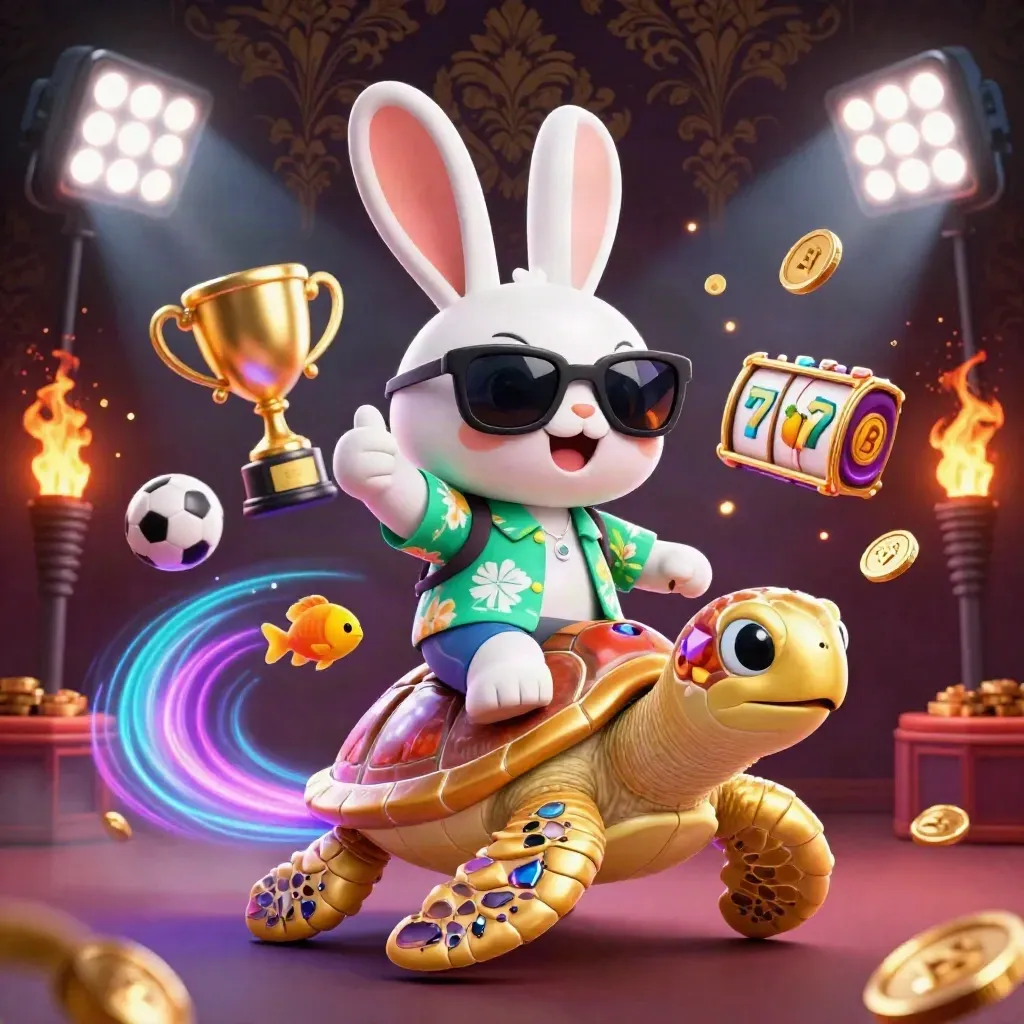 Rabbit in sunglasses riding a golden turtle, surrounded by casino and sports icons.