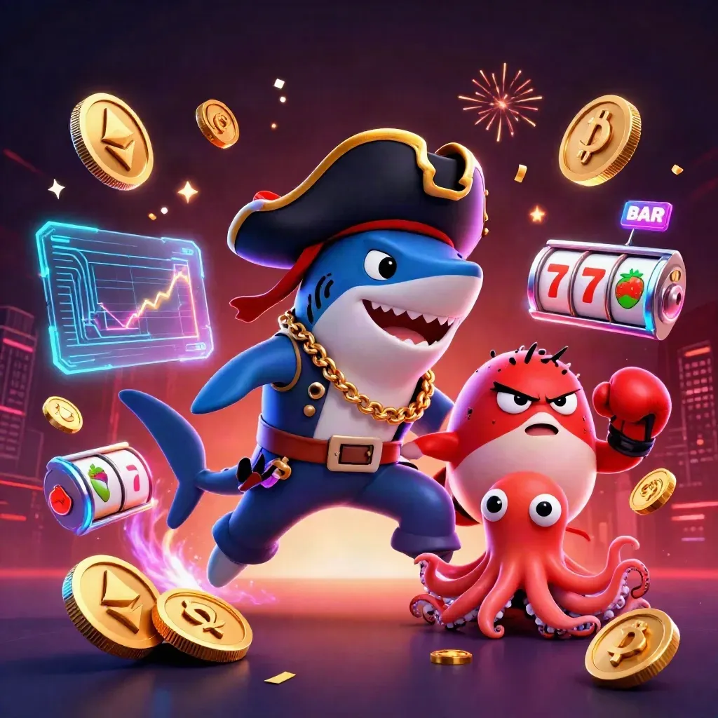 Pirate shark, boxing pufferfish, and juggling octopus amid neon casino effects.