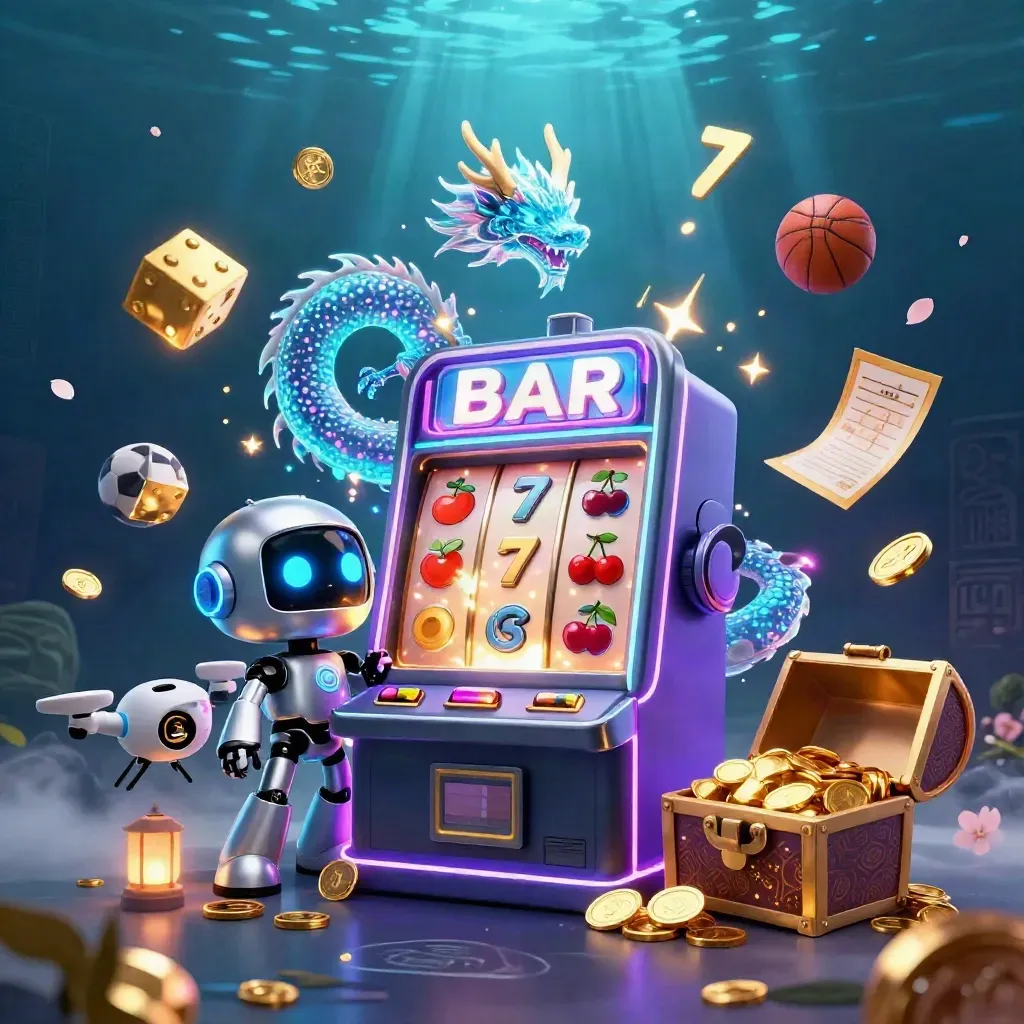 Cyberpunk robot, holographic dragon and coin drone around a jackpot slot machine