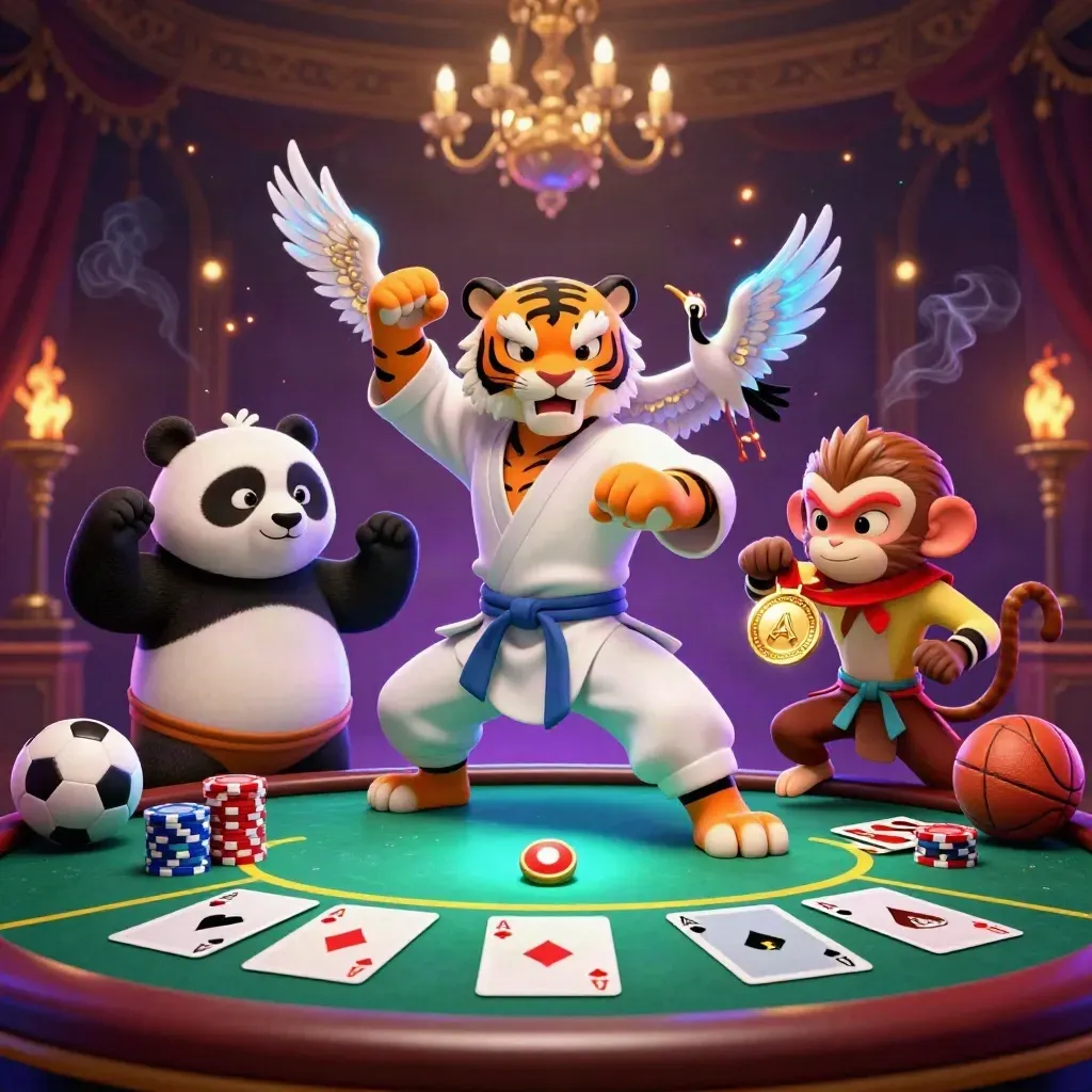 Tiger, panda and monkey around a glowing poker table with chips, medal and sports props.