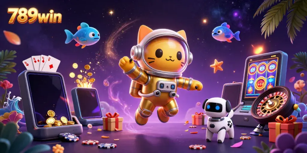 Experience the thrilling 789win world with a golden astronaut cat, robot dog, and vibrant slot games!
