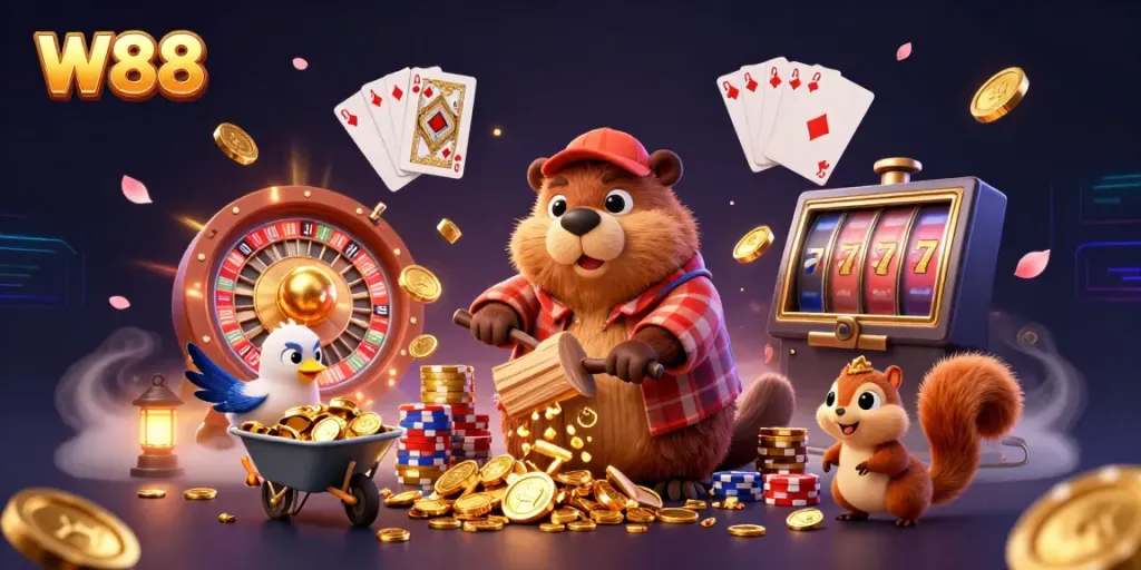 Join the excitement at W88 with our vibrant casino scene featuring cartoon characters, gold coins, and gaming elements.