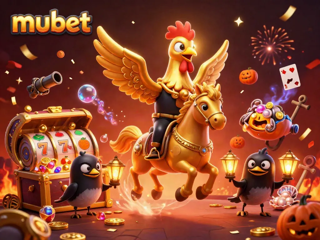 Experience the thrill of mubet with a golden rooster riding through a vibrant casino scene.