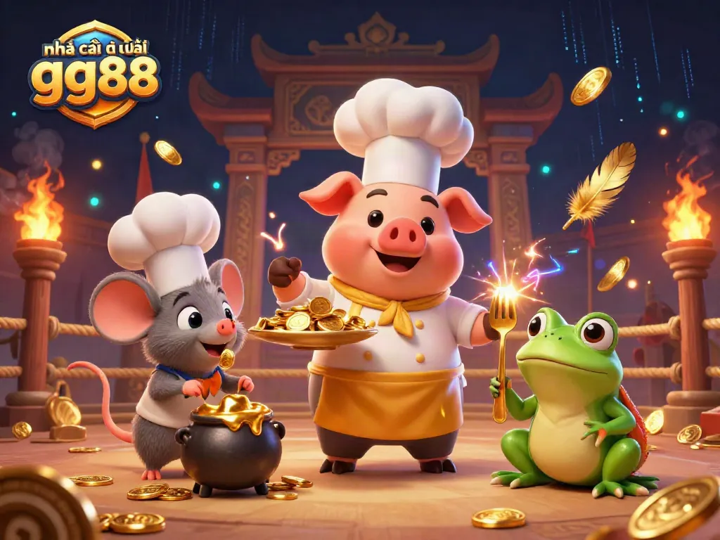 Experience the excitement of nhà cái quốc tế gg88 with a chef pig serving gold coins in a vibrant casino scene.