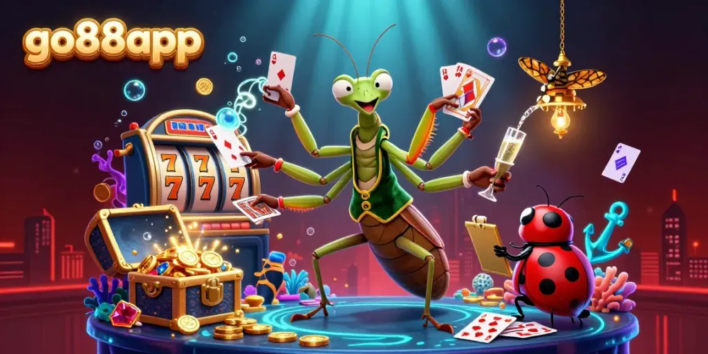 Engage with the vibrant atmosphere of go88app featuring dynamic casino elements and characters evoking excitement.