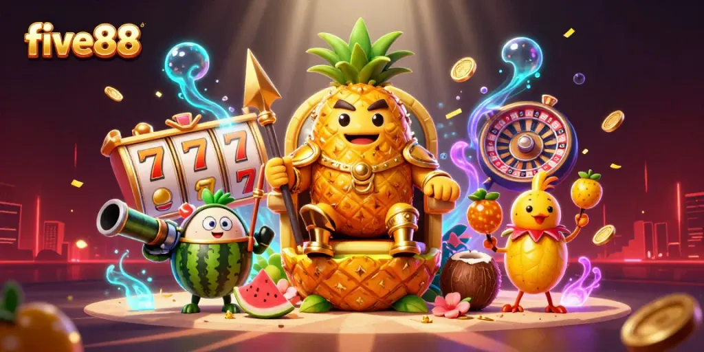 Experience thrilling gaming at five88 with a vibrant casino scene featuring the golden pineapple king;