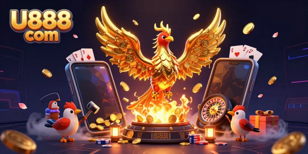 Engage with U888 com's exciting slot games alongside a molten phoenix and lively game elements.