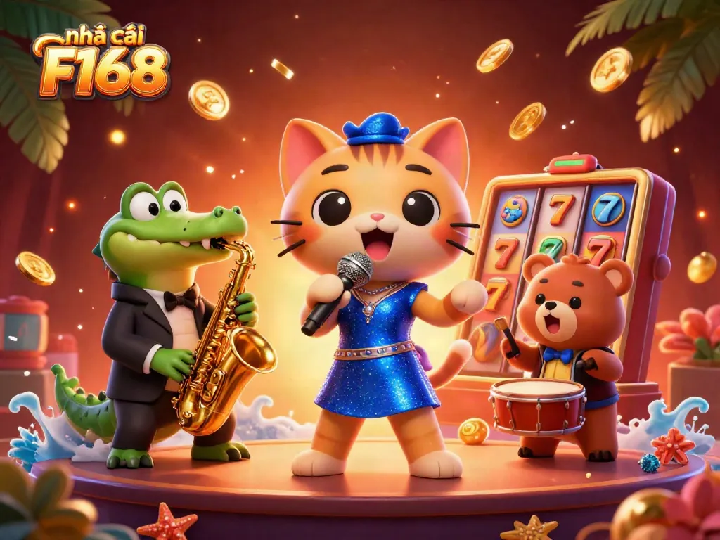 Participate in thrilling games at Nhà cái F168, illustrated with vibrant characters and dynamic slot action.