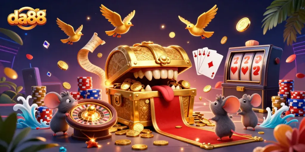 Experience thrilling wins at da88 with a lively 3D casino adventure filled with treasure, gems, and gaming action.