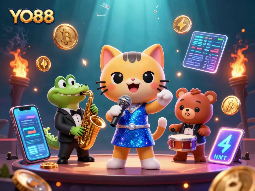 Engage in thrilling gameplay with YO88, featuring cartoon characters and crypto elements in a vibrant casino setting.