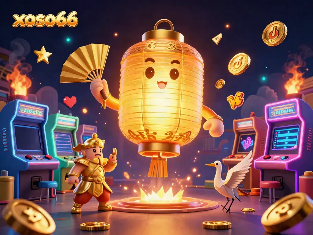 Experience the excitement of xoso66's vibrant gaming scene with a whimsical golden lantern spirit above colorful arcade machines.