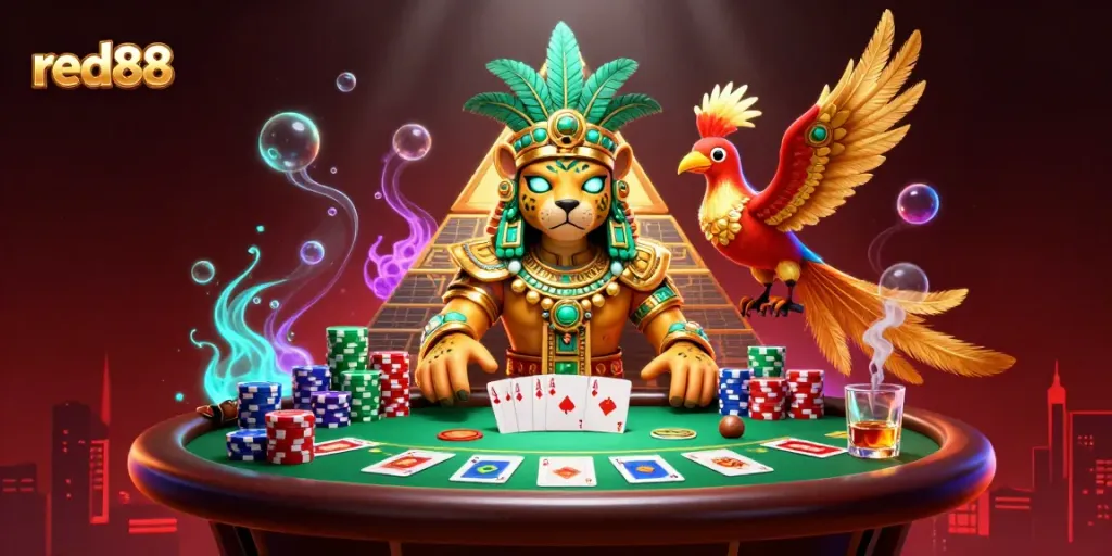 Engage with red88 excitement through dynamic poker elements and Mayan casino art.