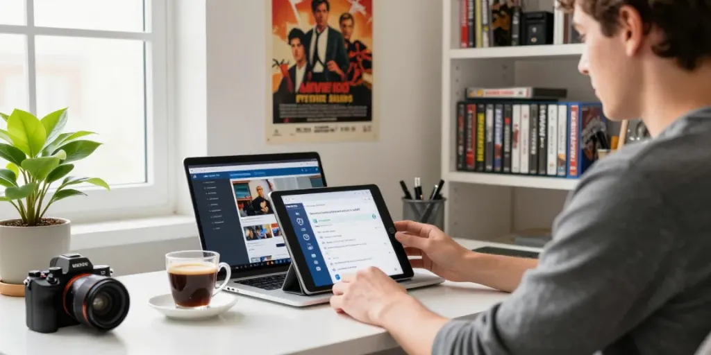 Cozy workspace showcasing user engaging with MovieBox old APK on tablet amidst classic film memorabilia.