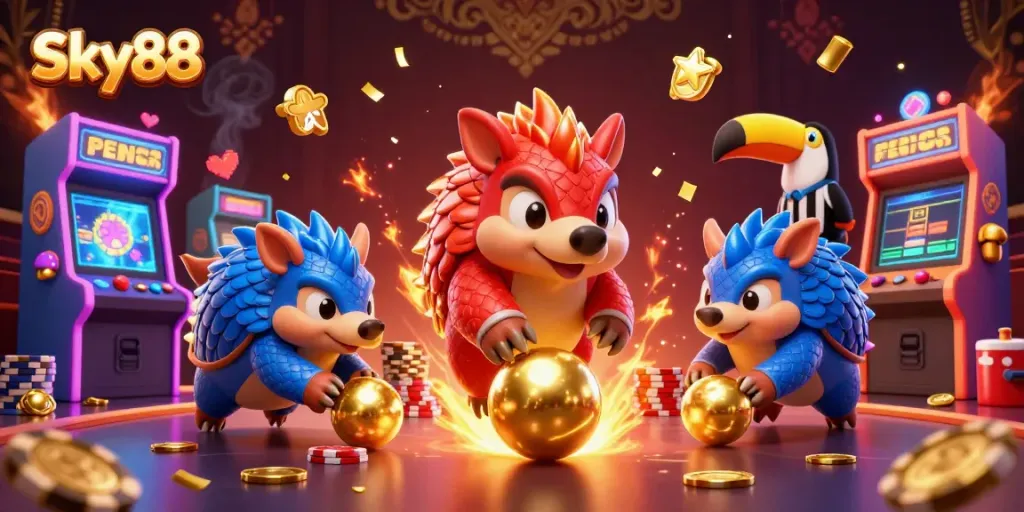 Sky88 pangolins compete in a vibrant casino scene, rolling through poker chips amidst arcade excitement.