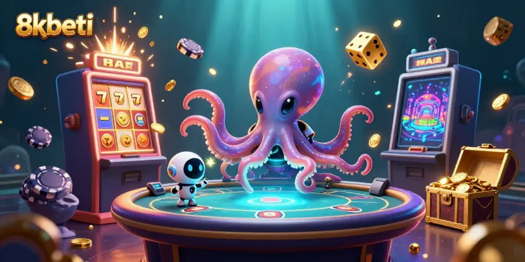 Experience thrilling gameplay with 8xbeti's alien octopus and robot at a holographic poker table.
