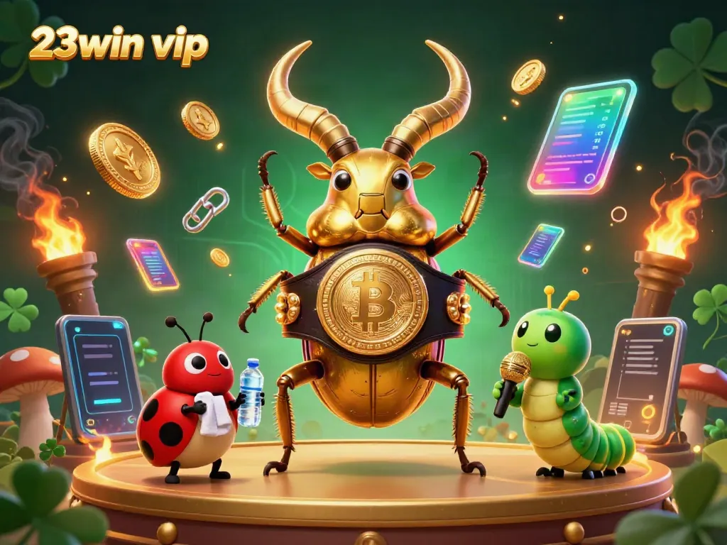 Experience thrilling action in 23win vip with a giant golden beetle champion in a vibrant casino scene.