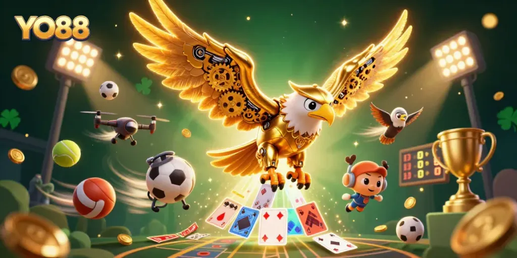 Experience thrilling wins with YO88, an engaging illustration of a cybernetic eagle amidst dynamic gambling elements.