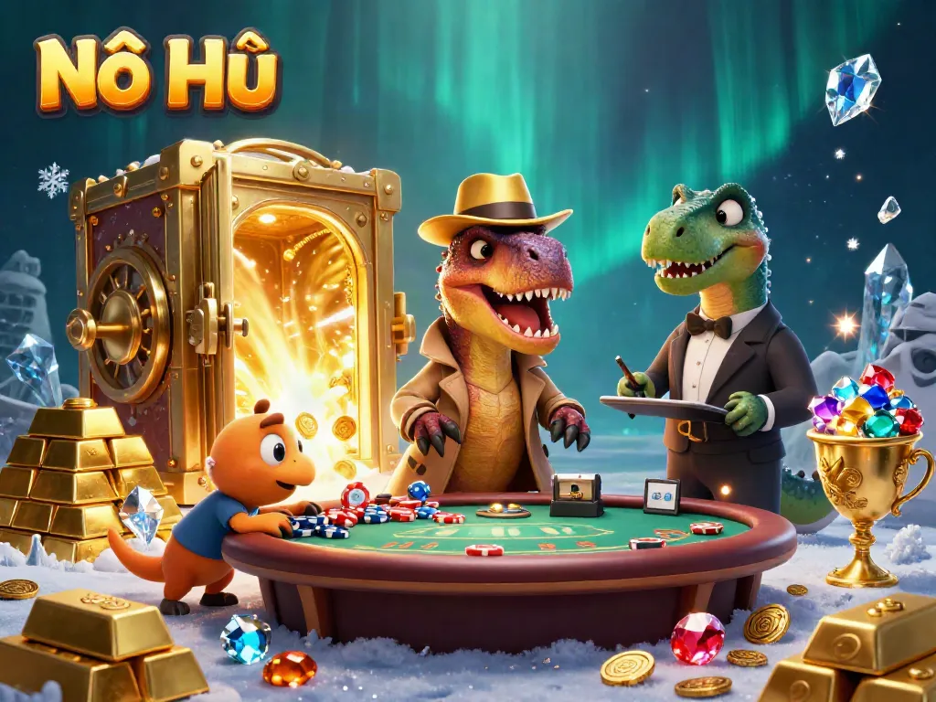 Nổ Hũ engaging players at a vibrant casino scene with cartoon dinosaurs and treasure.