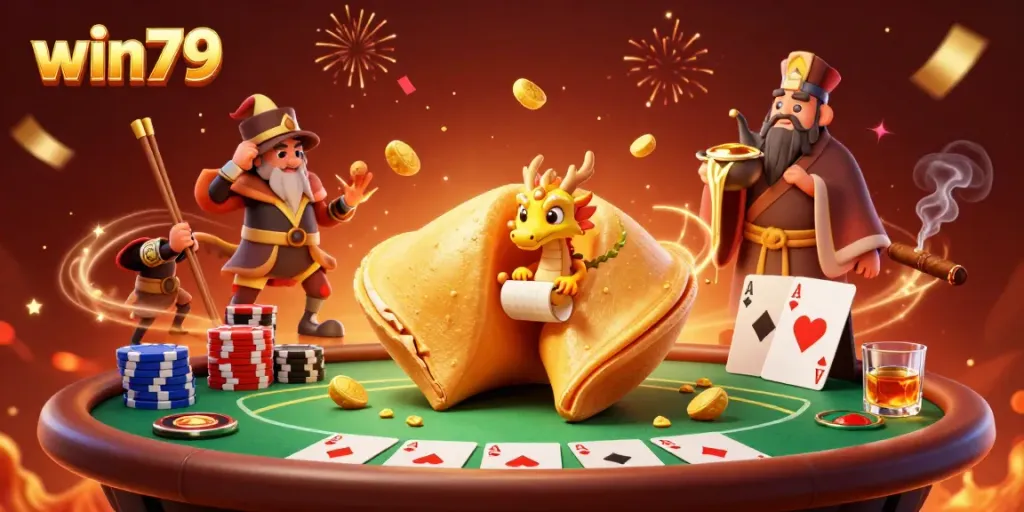 Experience the excitement of win79 with a detailed 3D scene featuring chaotic poker action and whimsical characters.