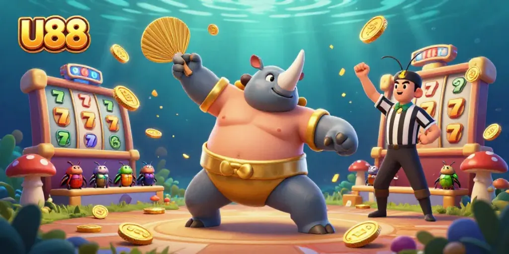 Experience U88's thrilling casino excitement with a dynamic beetle sumo champion amid flying coins and slot game elements.