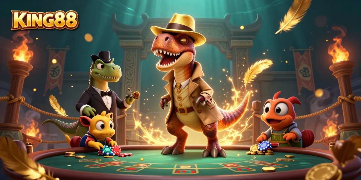 KING88 showcases a colorful scene with a velociraptor card counter and a stegosaurus pit boss at a lively gambling table.
