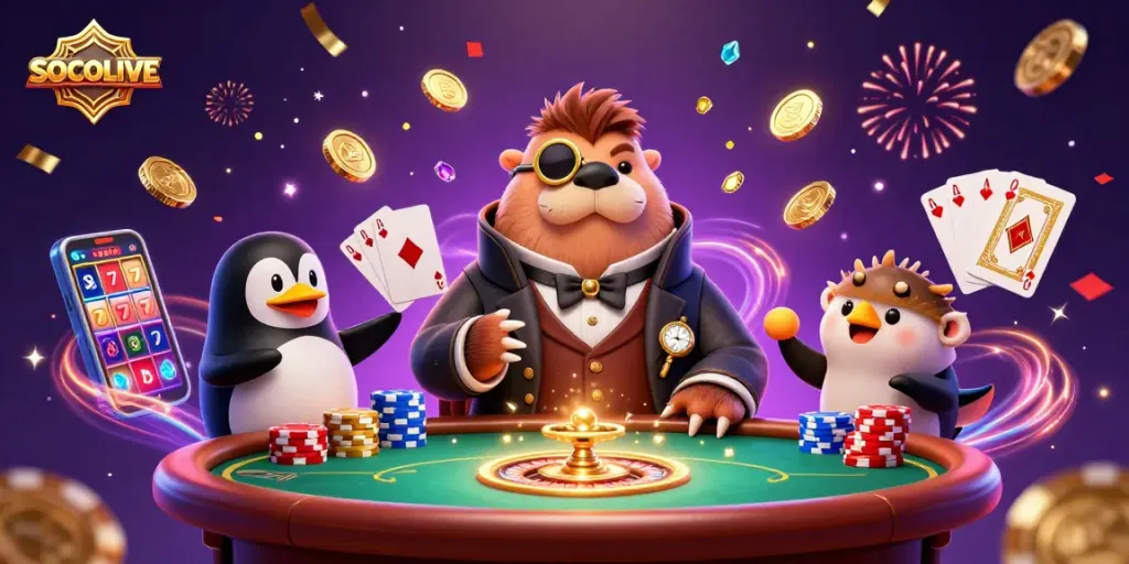 SOCOLIVE showcases animated video poker fun, featuring whimsical characters amid casino brilliance.