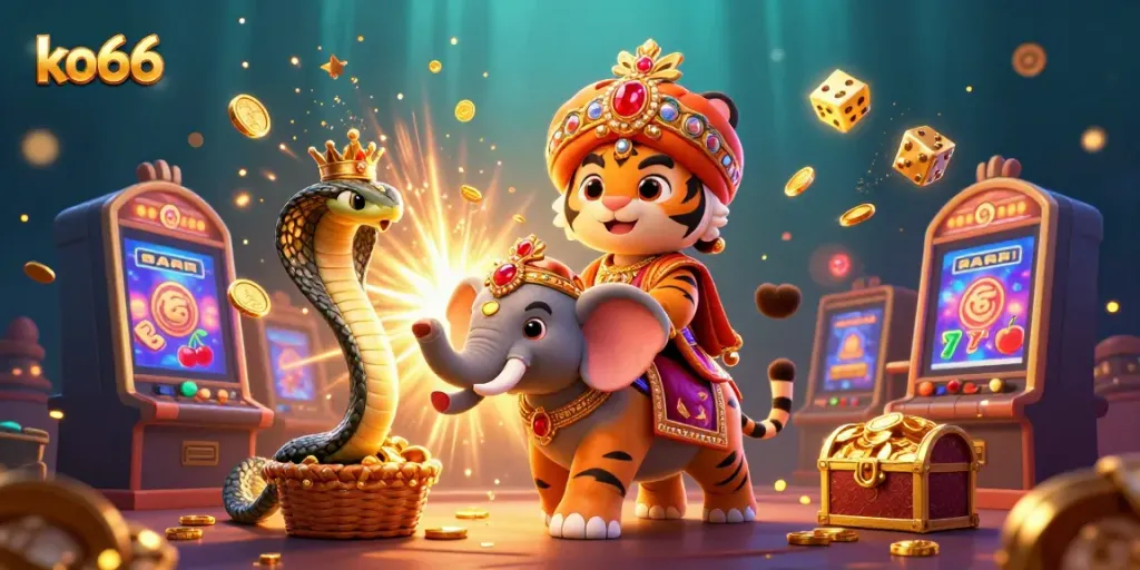 Engage in thrilling gaming action with ko66 in this vibrant 3D casino illustration.