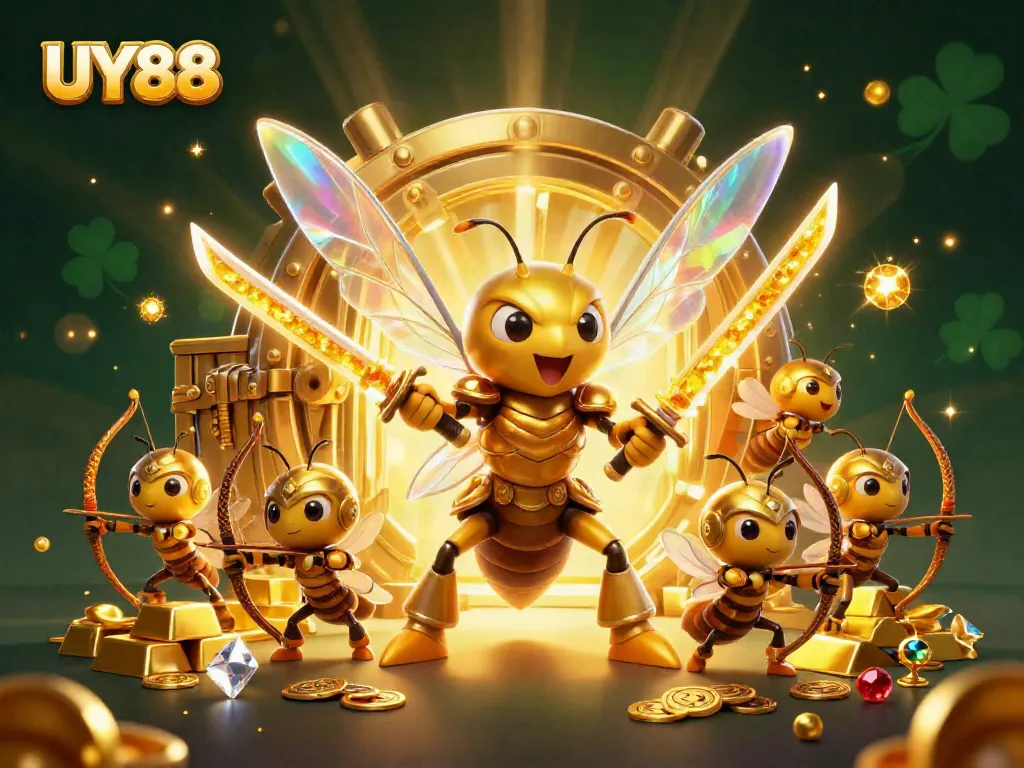 Experience the vibrant world of UY88 with a dynamic casino scene featuring a giant golden hornet and treasure.
