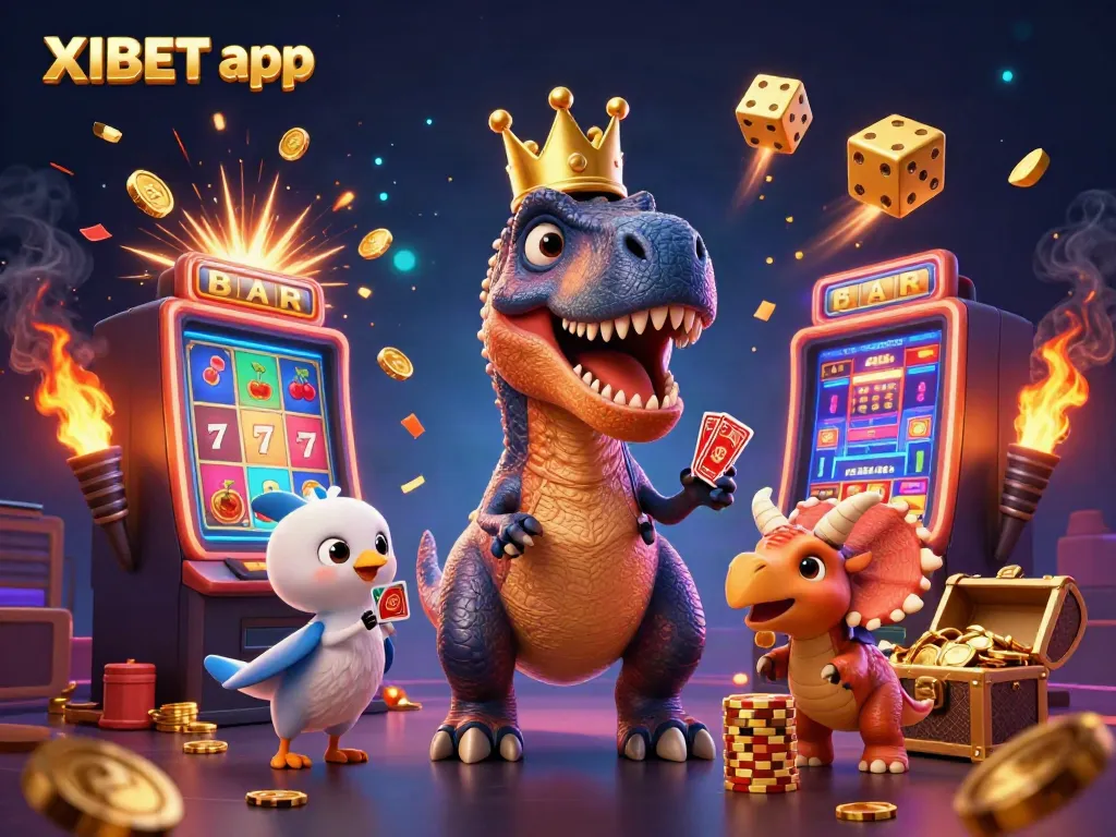 Experience the thrill of the XIBET app with a fun and vibrant casino-themed illustration featuring unique characters.