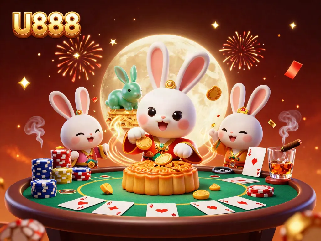 U888's moon rabbit celebrates with poker chips and gaming elements in a vibrant casino scene.